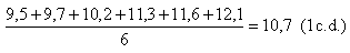 9,5 mais 9,7 mais 10,2 mais 11,3 mais 11,6 mais 12,1 tudo isto dividido por 6 é igual a 10,7 ( 1c.d.)