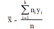 média é aproximadamente igual ao somatório de i igual a 1 até k de n i vezes y i, sobre n 